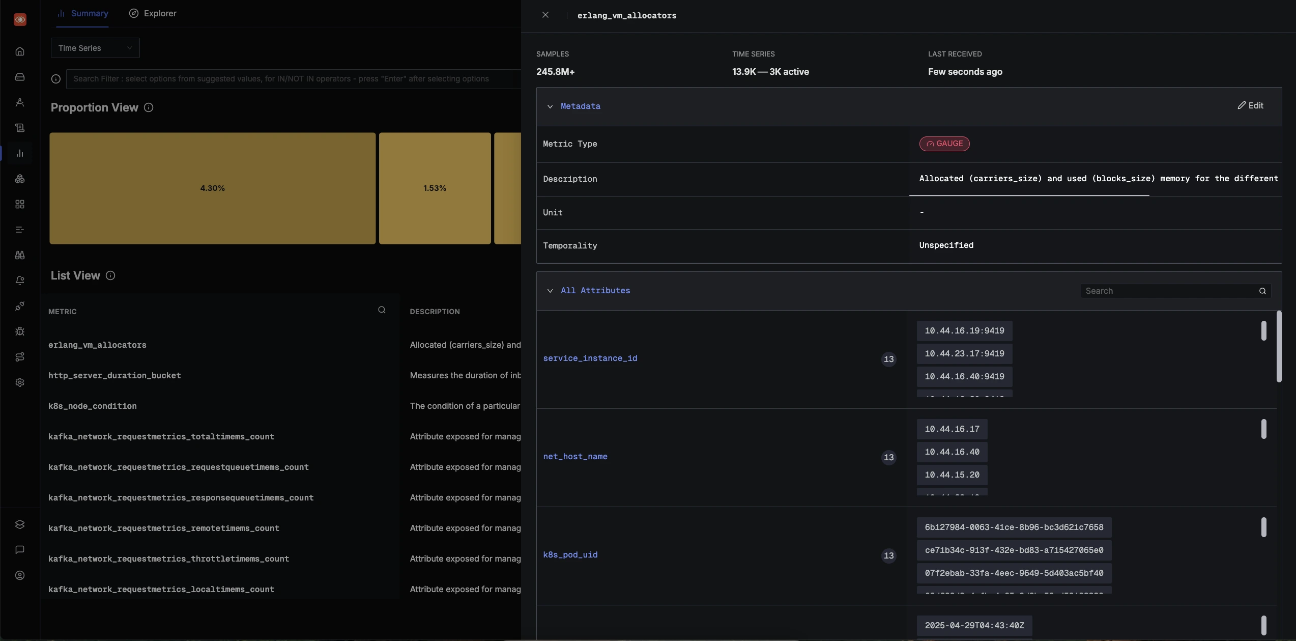 Metrics Explorer interface with search and filter options for finding specific metrics.